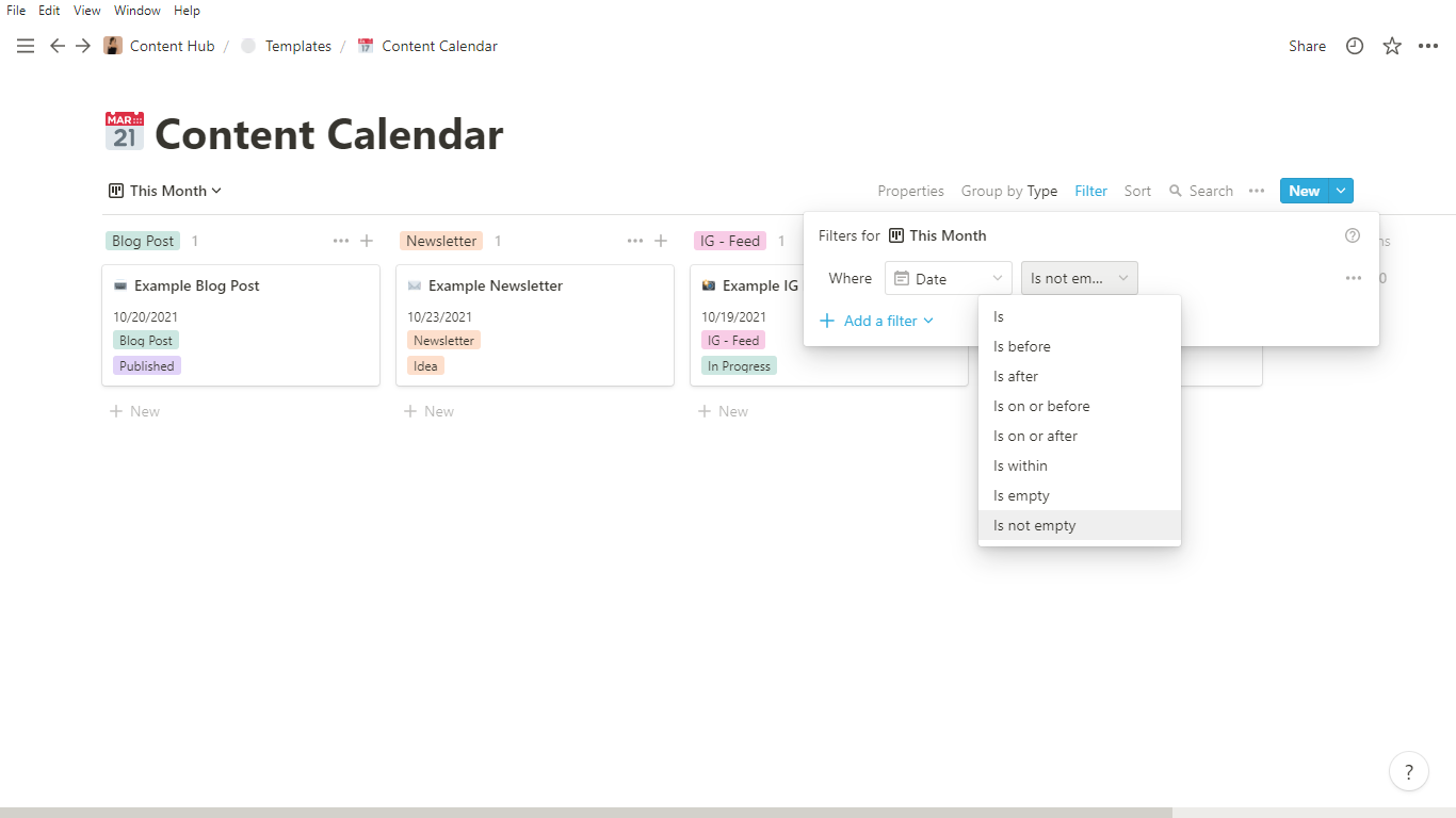 notion filters for content calendar