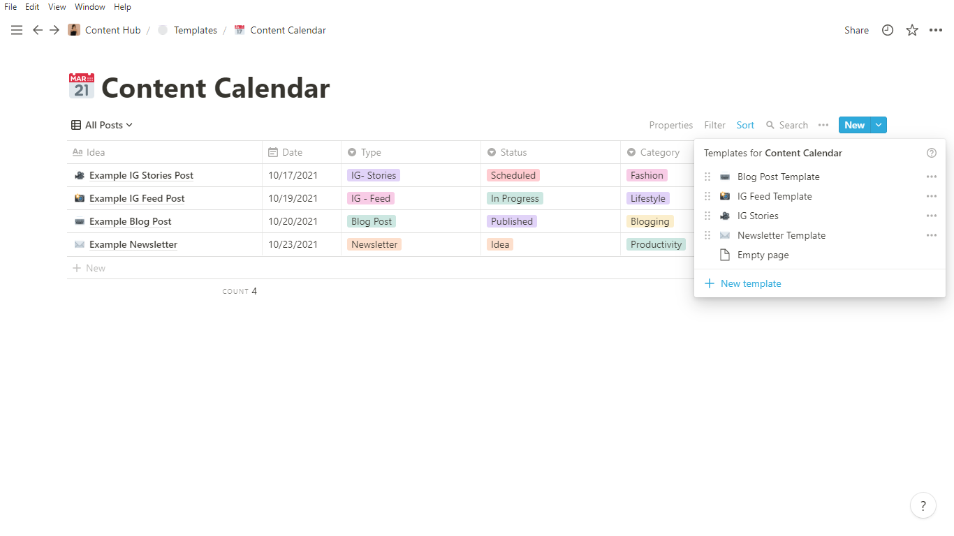 add new template for content calendar