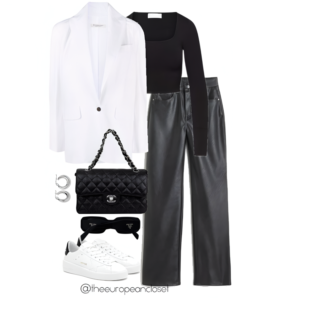 black #leather #pants #outfit #nye Classic taupe blazer over white