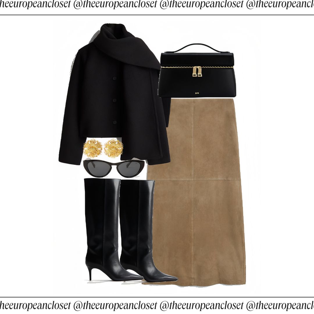 Black turtleneck outfit idea with suede midi skirt, heeled boots and black bag