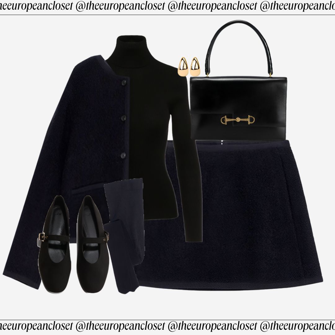 co-ord set of mini skirt and coat, used with a sweater, tights, black bag and ballerina flats