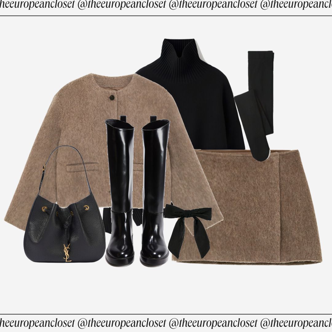 Brown co-ord with skirt and jacket. Black turtleneck, ysl bag, black boots and black tights