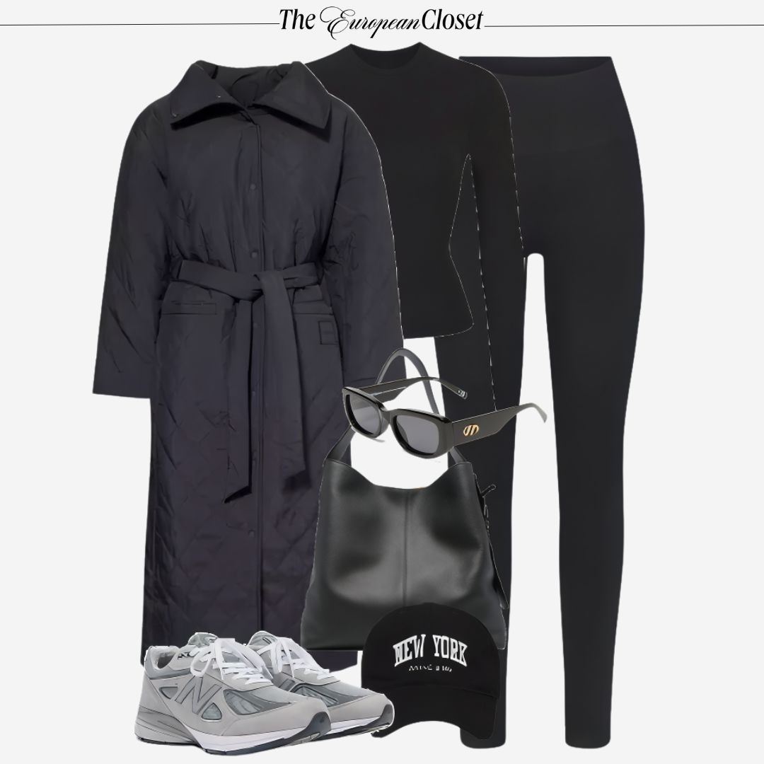 A fashion flat lay featuring a black coat, top, leggings, shoes, bag, sunglasses, and a baseball cap.