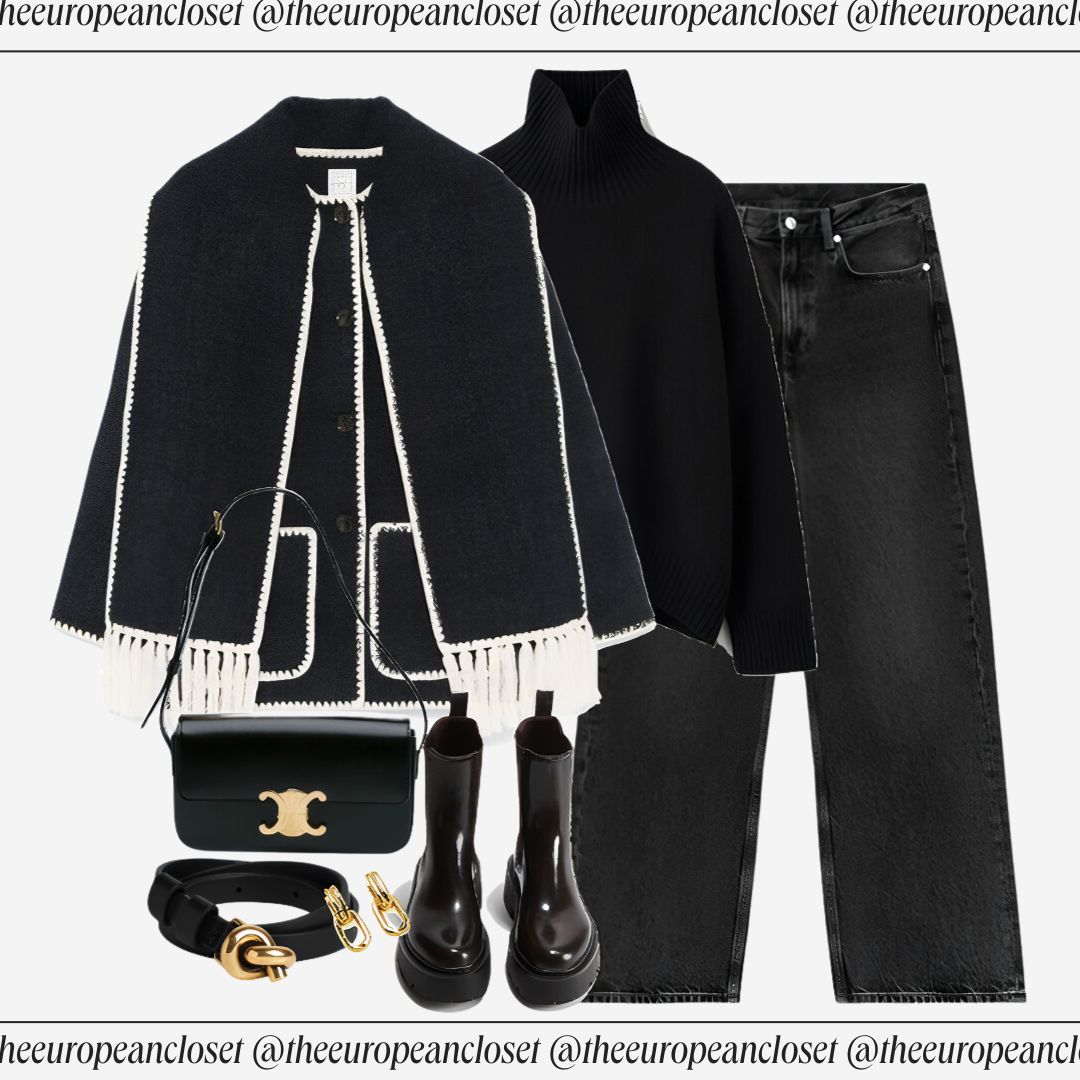 Flat lay of a black wool coat with large lapels and button closure, a cream crew neck sweater, and blue wide-leg jeans with visible pocket details, accessorized with black patent leather loafers, and a structured burgundy leather top-handle bag with gold hardware.