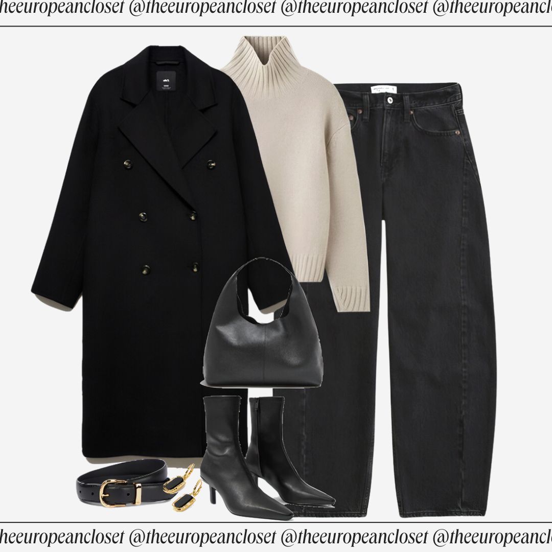 neutral winter outfits with black coat, cream sweater, black barrel jeans, black boots and black bag. Accessorized with a black and goald belt and earrings