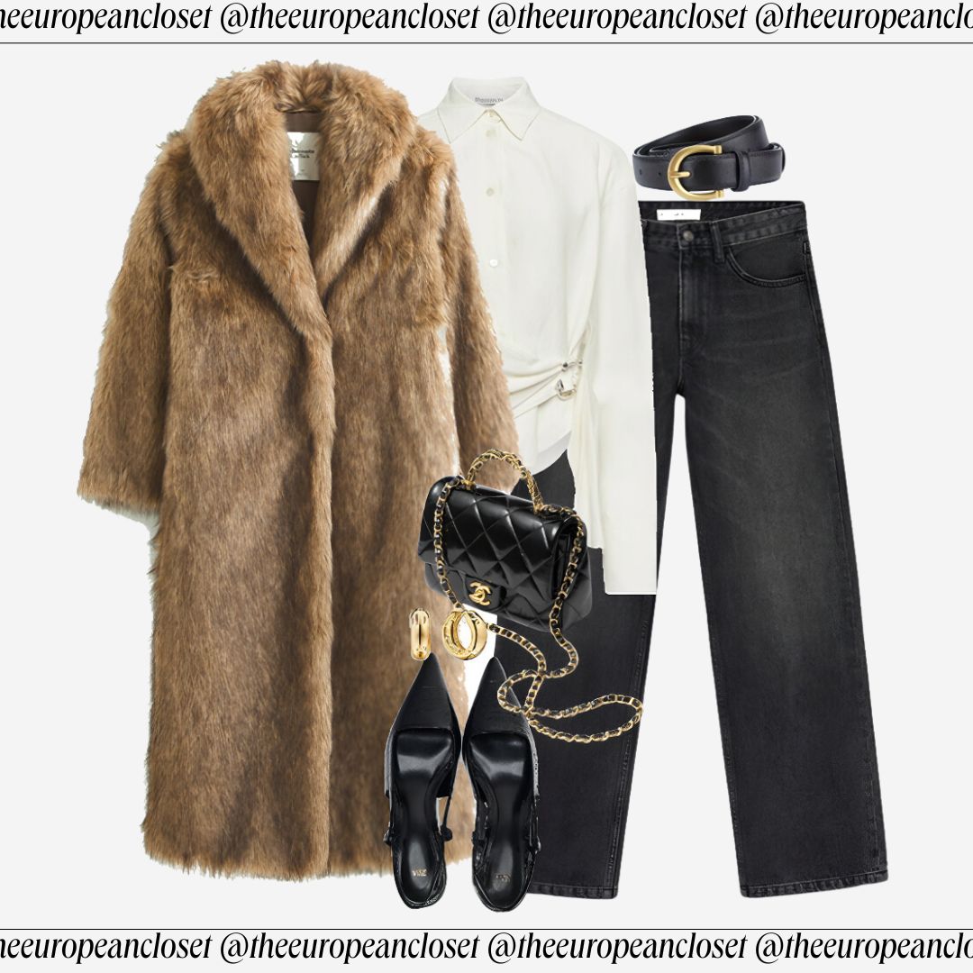 black jeans, fur long coat, white shirt, black pumps