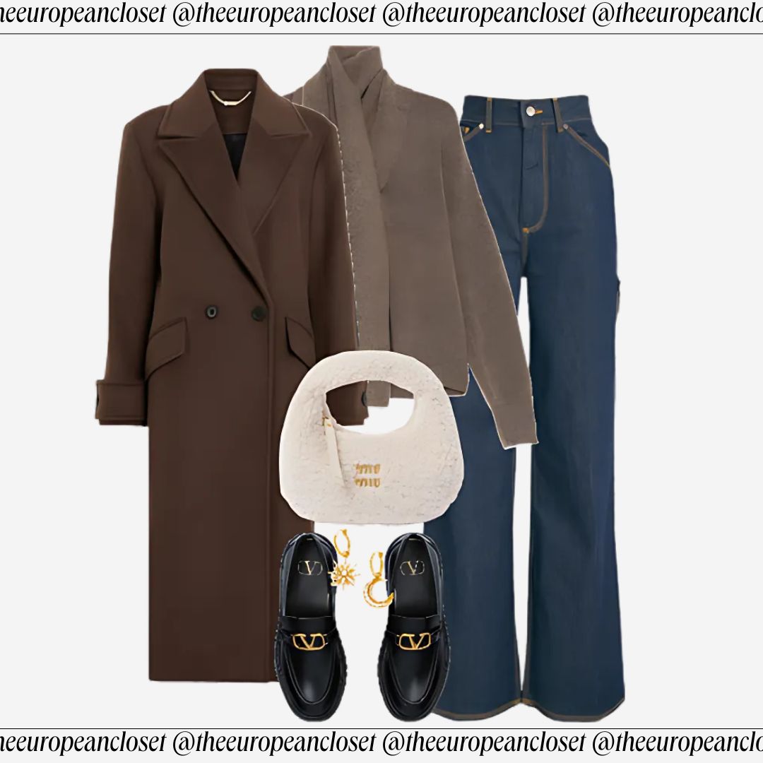 neutral winter outfit idea featuring blue jeans, borwn coat, brown sweater, black loafers, white miumiu bag