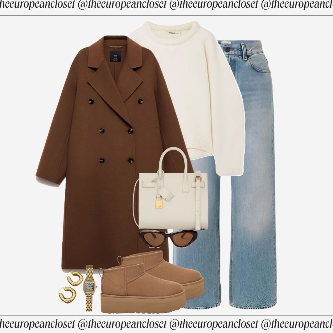 Flat lay of a brown wool coat with large lapels, a cream crew neck sweater, and light blue wide-leg jeans, accessorized with tan UGG platform boots, a white leather tote bag with gold hardware, tortoiseshell sunglasses, a gold watch with a bracelet strap, and chunky gold hoop earrings.