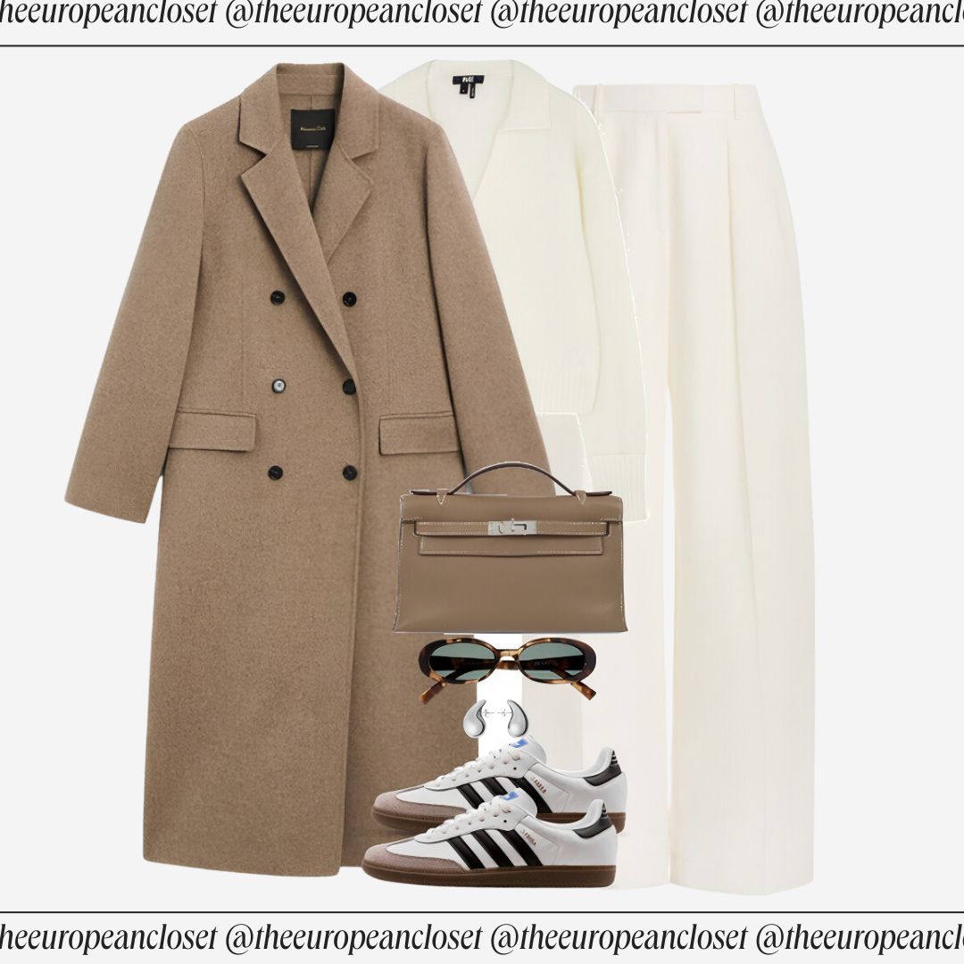 Flat lay of a double-breasted beige coat, a white blazer and wide-leg trousers set, Adidas Samba sneakers in white and black, a structured brown leather handbag, and tortoiseshell sunglasses.