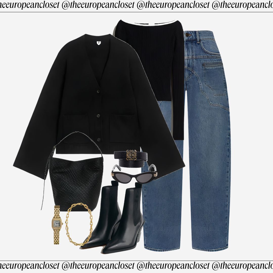 Flat lay of a black cardigan, black top, blue jeans, black boots, a black bag, sunglasses, a watch, and jewelry, styled on a light background.