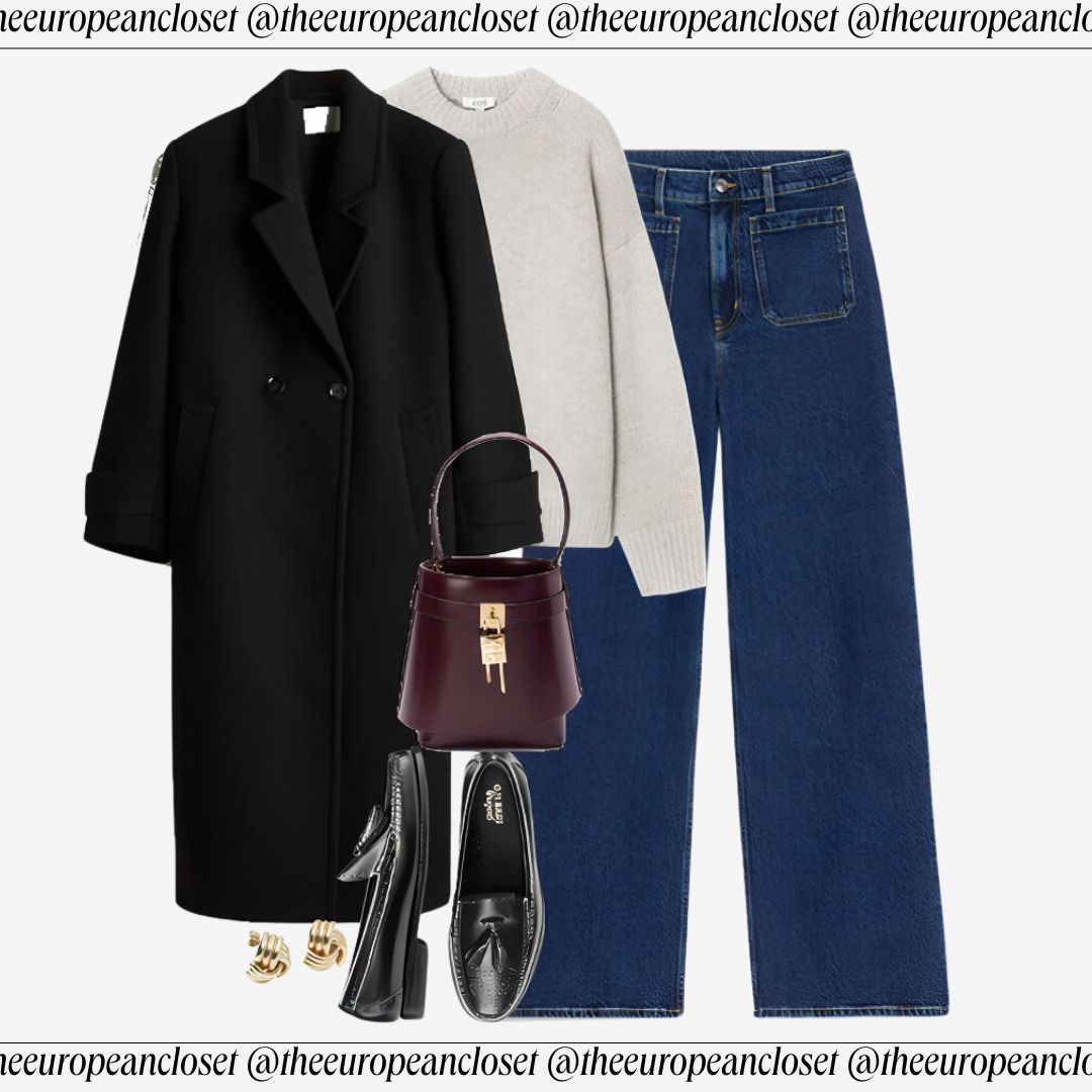 neutral winter outfit idea featuring blue jeans, borwn coat, brown sweater, black loafers, white miumiu bag