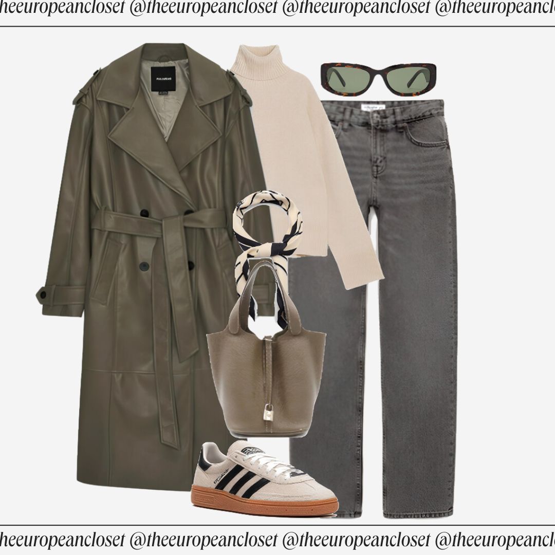 Flat lay of a green trench coat with a belt, a cream ribbed turtleneck, and gray wide-leg jeans, accessorized with Adidas Samba sneakers, a taupe tote bag, dark tortoiseshell sunglasses, and a black and white patterned scarf.