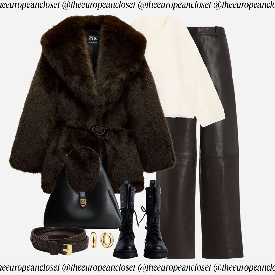 Flat lay of a brown Zara fur coat, cream top, black pants, black boots, a black bag, a belt, and gold rings, styled on a light background.