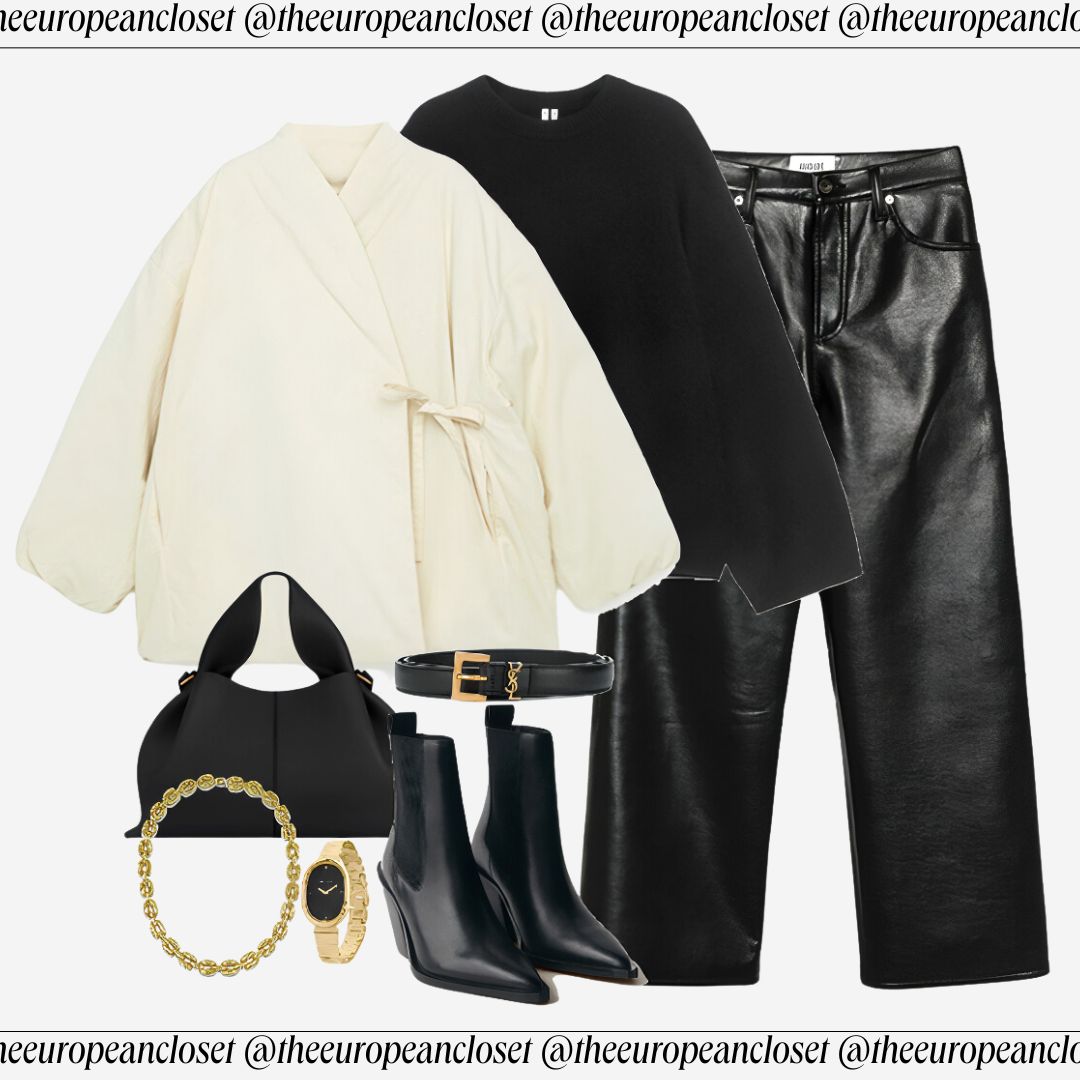 Flat lay of a cream-colored quilted puffer jacket with a tie closure, a black crew neck sweater, and black faux leather pants with a straight leg, accessorized with pointed-toe black ankle boots with a block heel, a black leather shoulder bag with gold hardware (likely designer), a black leather belt with a gold rectangular buckle, a gold wristwatch with a bracelet strap, and a chunky gold chain necklace.