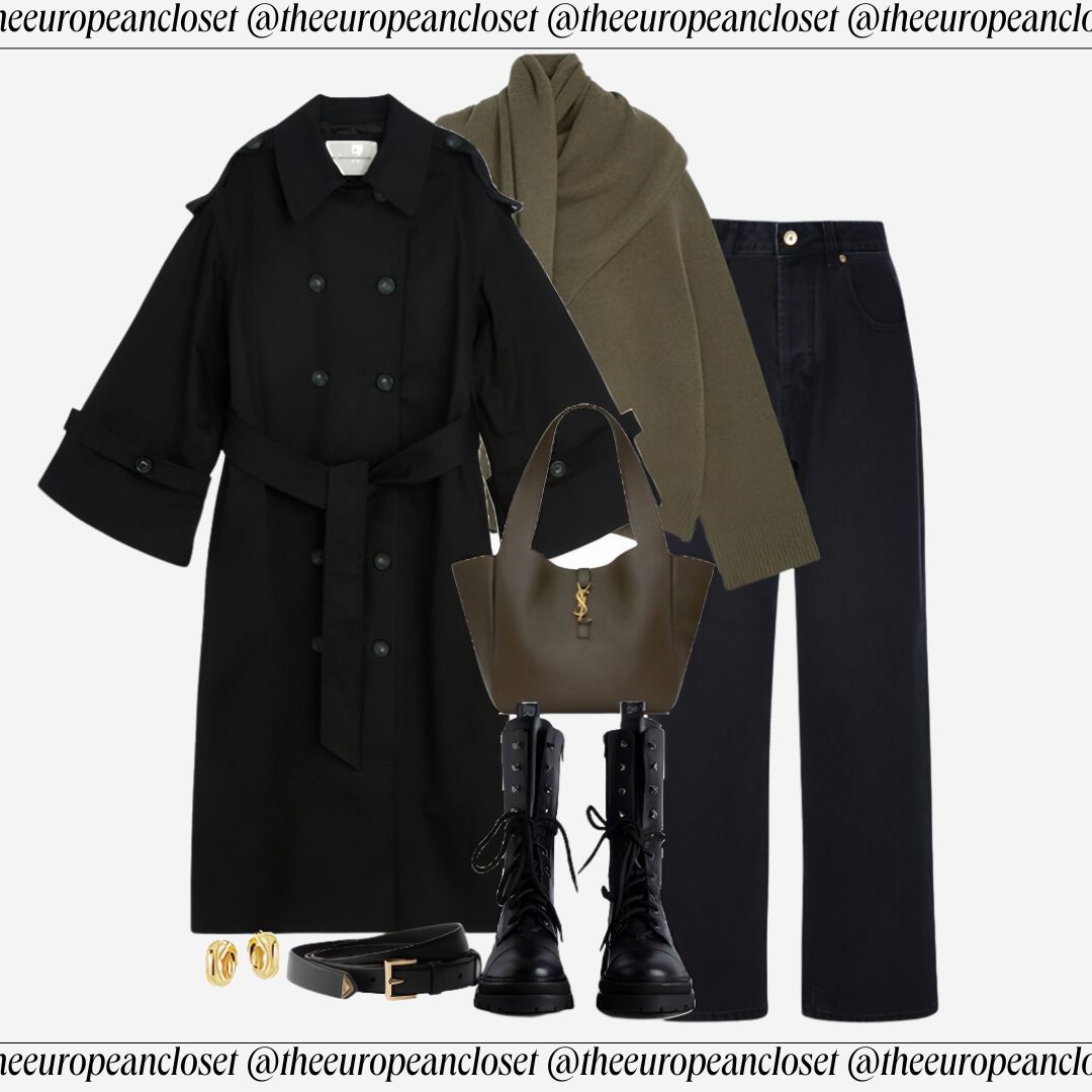 Flat lay of a black trench coat, green scarf, black jeans, black boots, a brown bag, a belt, and earrings, styled on a light background. Text overlay reads "theeuropeancloset".