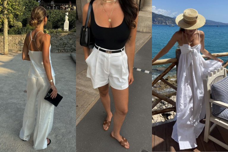 8 summer outfit formulas featuring neutral wardrobe essentials. Chic summer fashion inspiration for women.